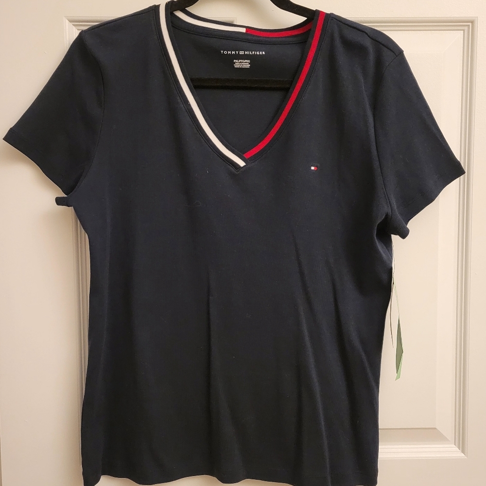 Tommy Hilfiger Navy Short Sleeve Tee with Red and White Accents